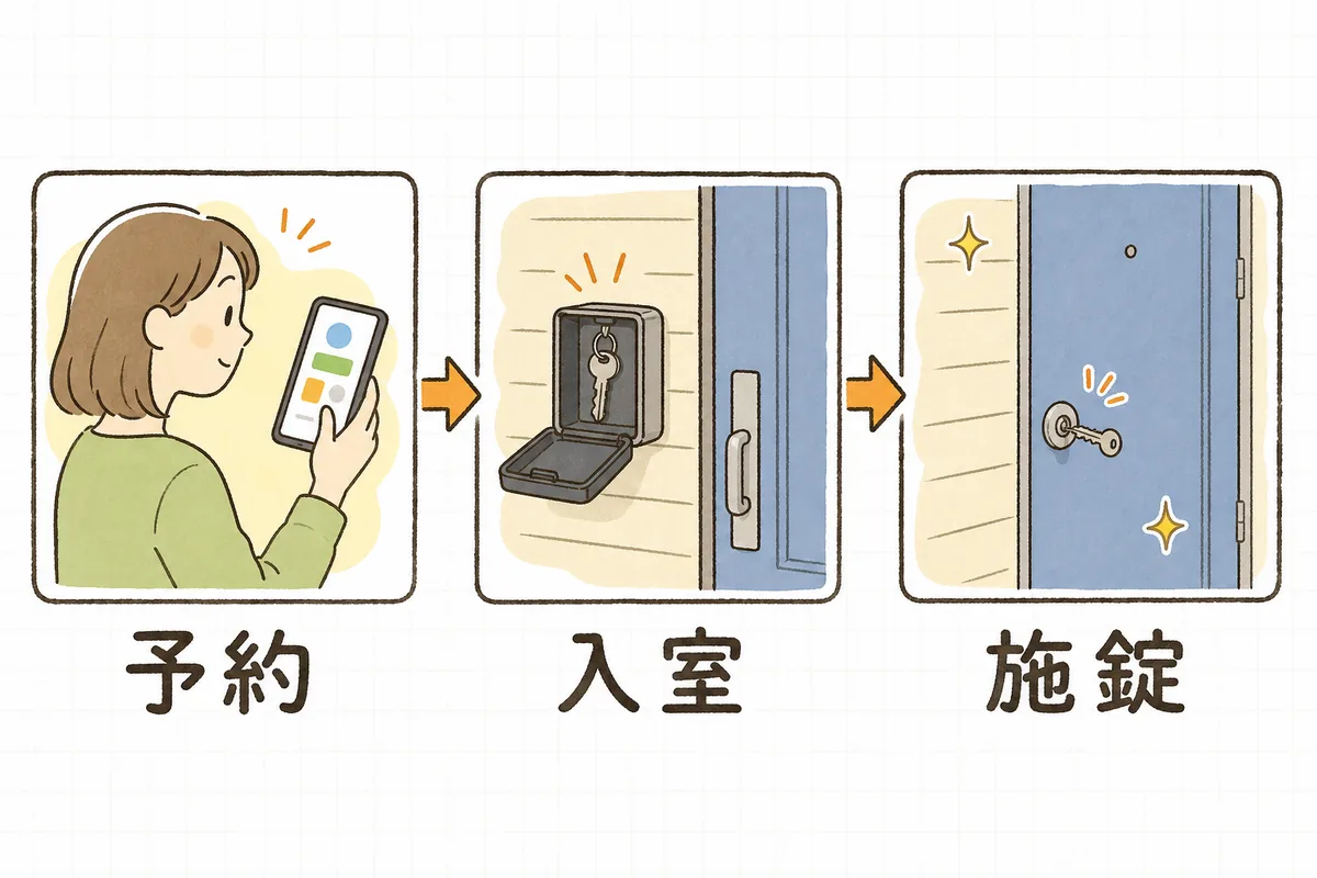 セルフ内見の流れを3つの場面に分けて左から右へ並べた説明図。スマホで予約する場面、キーボックスから鍵を出して入室する場面、退室後にドアを施錠する場面