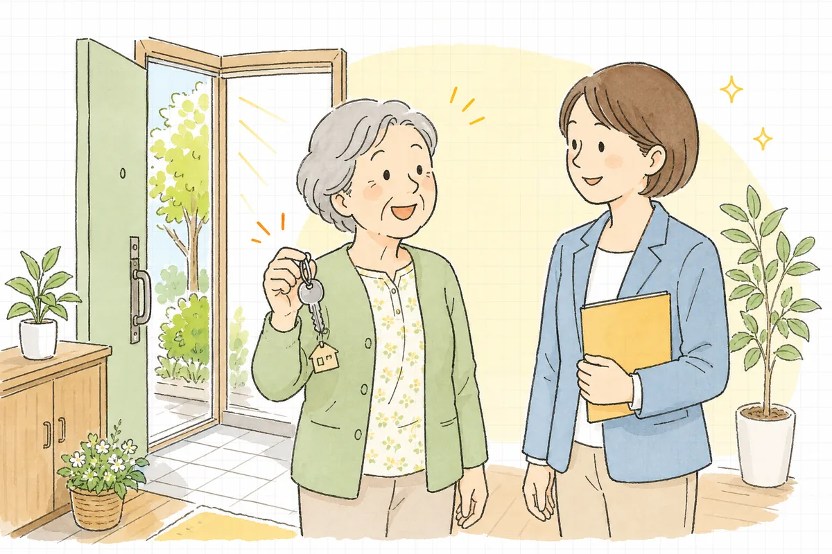 入居が決まり、鍵を受け取る高齢の入居者と、穏やかに見送る賃貸管理担当者