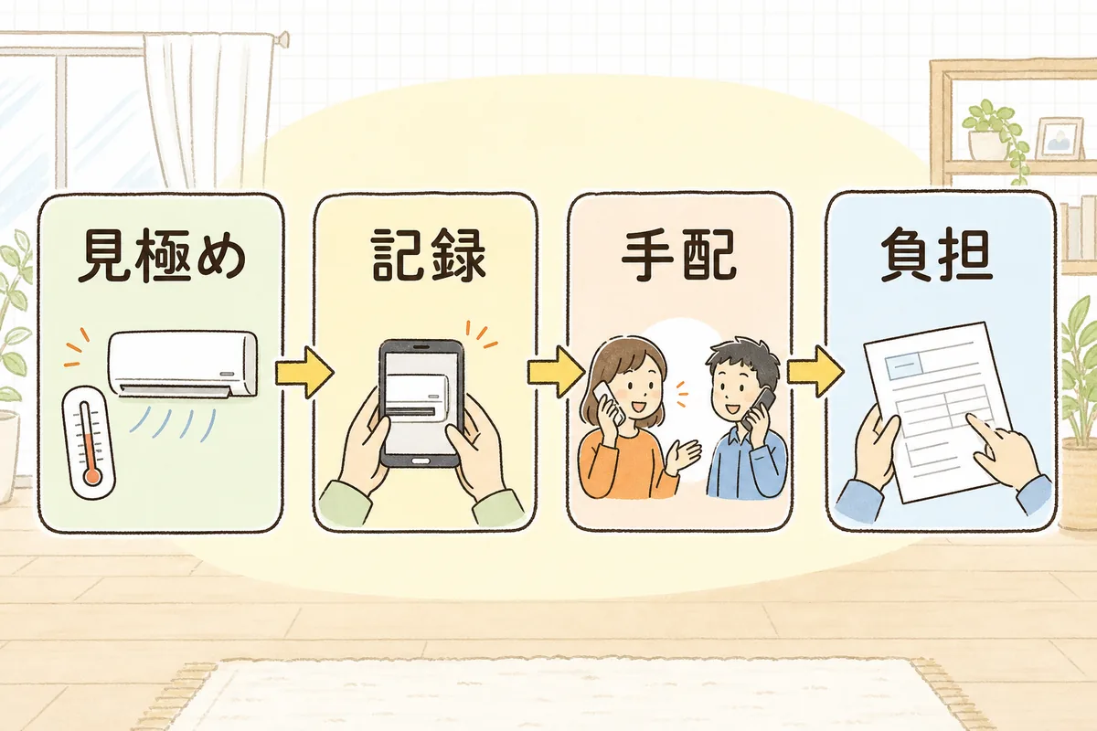 設備故障対応の四つの手順を左から順に並べた流れ図