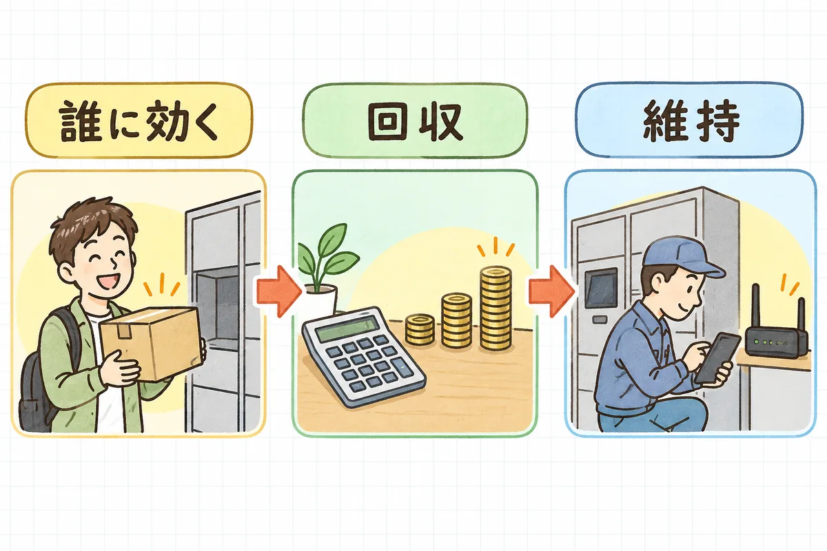 設備追加を「誰に効く」「回収」「維持」の3つの順で判断する流れを示した図