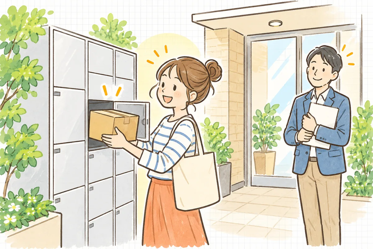 新しく宅配ボックスが設置された明るいエントランスで、入居者が荷物を受け取る様子を見守る賃貸管理担当者