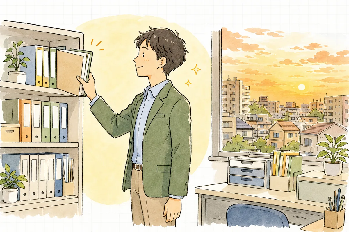 退去精算のファイルを閉じて棚に戻し、ほっとした表情で窓の外の明るい空を見上げる賃貸管理担当者