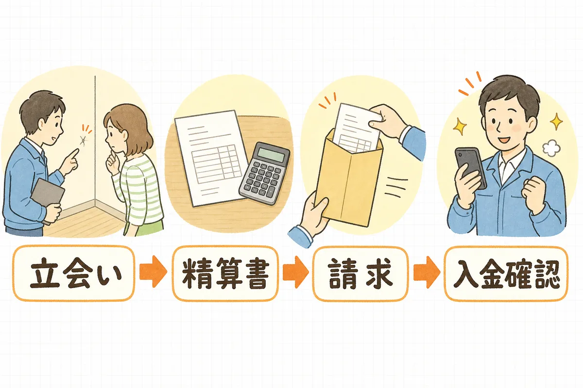 退去立会い、精算書、請求、入金確認の4つの場面が左から右へ矢印でつながっている流れ図