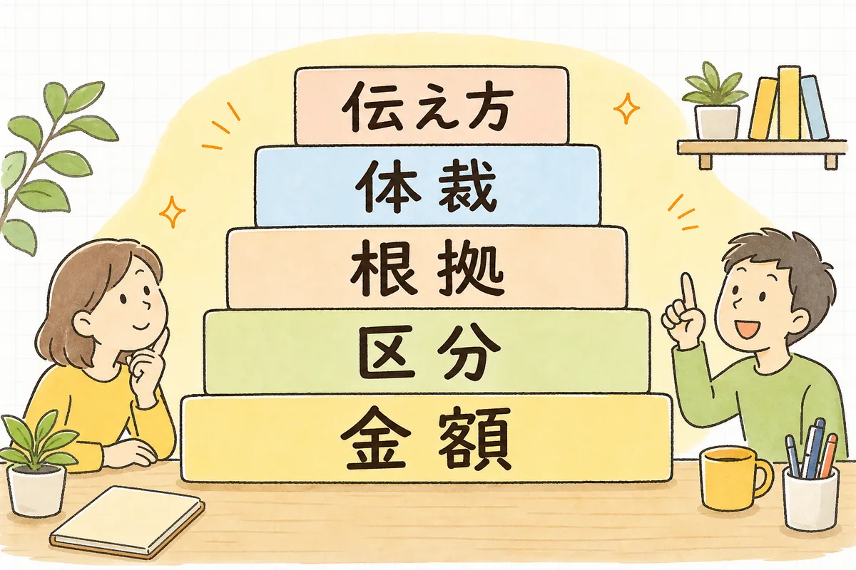 敷金精算書を見直す五つの層を下から積み上げた確認の順番図