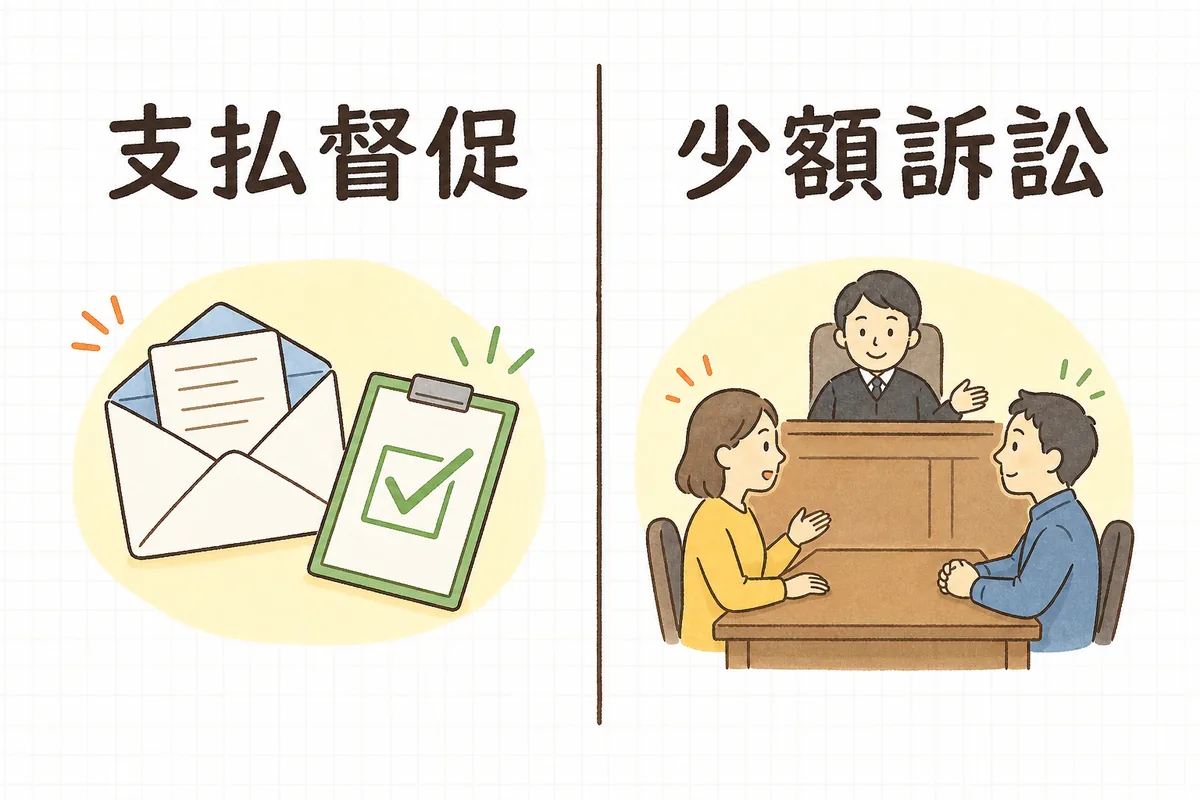 支払督促と少額訴訟の向き不向きを二列に並べて比べた図