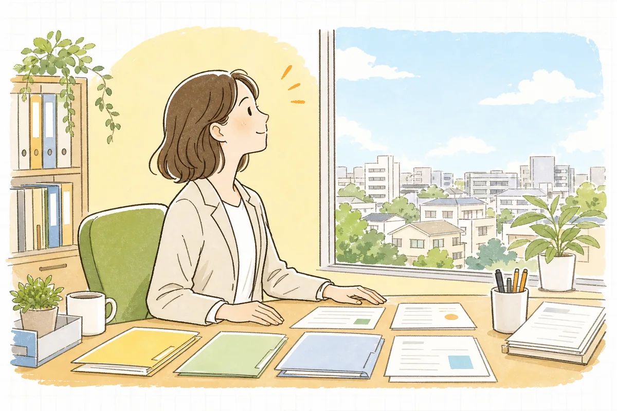 資料を整理し終え、進む方向を決めて前を向く賃貸管理担当者
