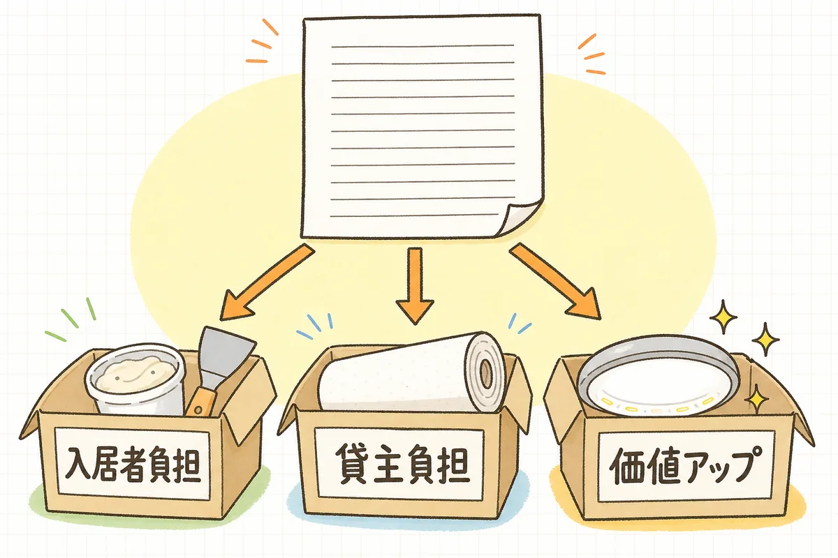 見積書から出た工事の項目が、入居者負担・貸主負担・価値アップの三つの箱に振り分けられていく図