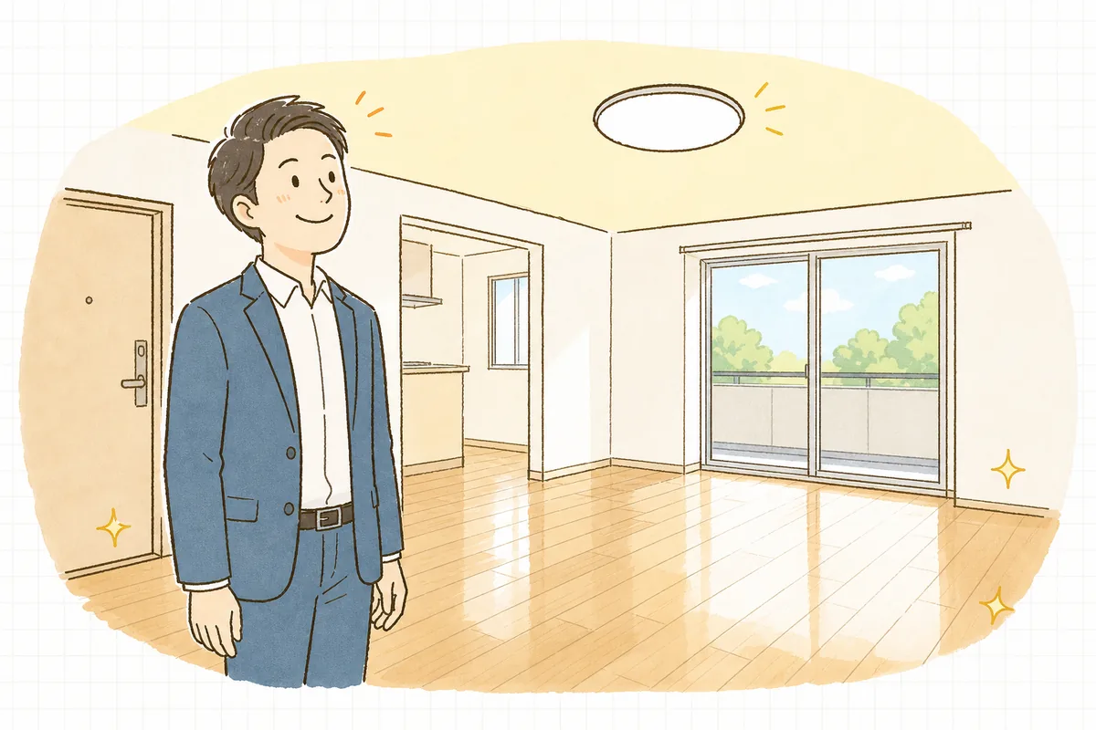 工事が終わった明るい部屋で、管理担当者がきれいになった室内を見渡して満足そうに微笑んでいる情景