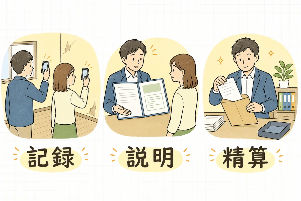 退去立会いでの記録、判断基準の説明、後日の精算書送付という3つの場面を左から順に並べた図