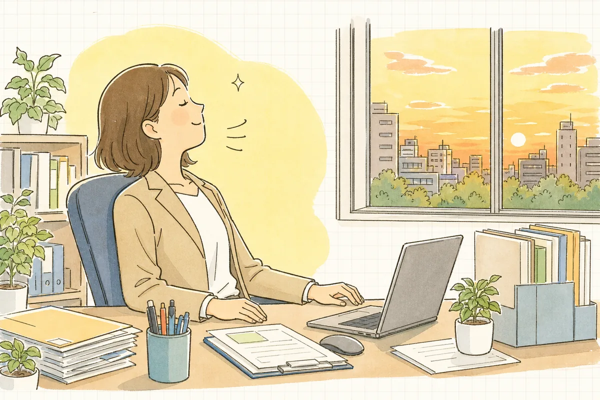 立会いなしの精算を書面で送り終え、穏やかな表情で息をつく賃貸管理担当者