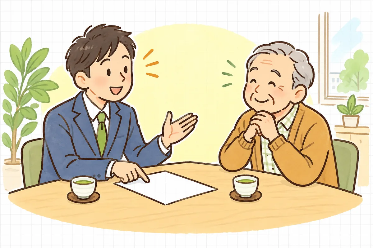 明るい午後、管理会社の応接スペースでオーナーと向かい合い、報告用紙を見せながら穏やかに話す賃貸管理担当者と、うなずくオーナー