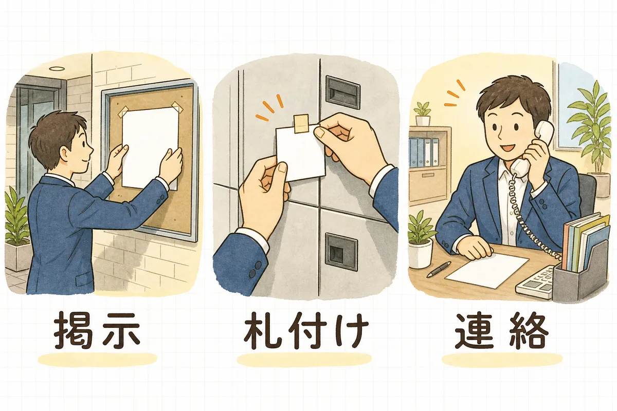 掲示・札付け・連絡という三つの対応段階を左から順に並べた図