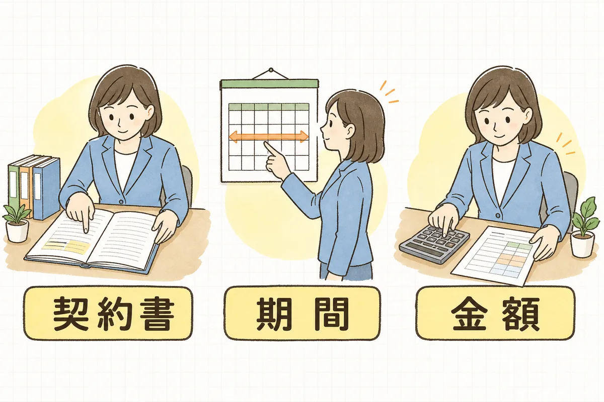 早期解約特約を確認するときに見る3つの見どころを、契約書・期間・金額の順に並べた図