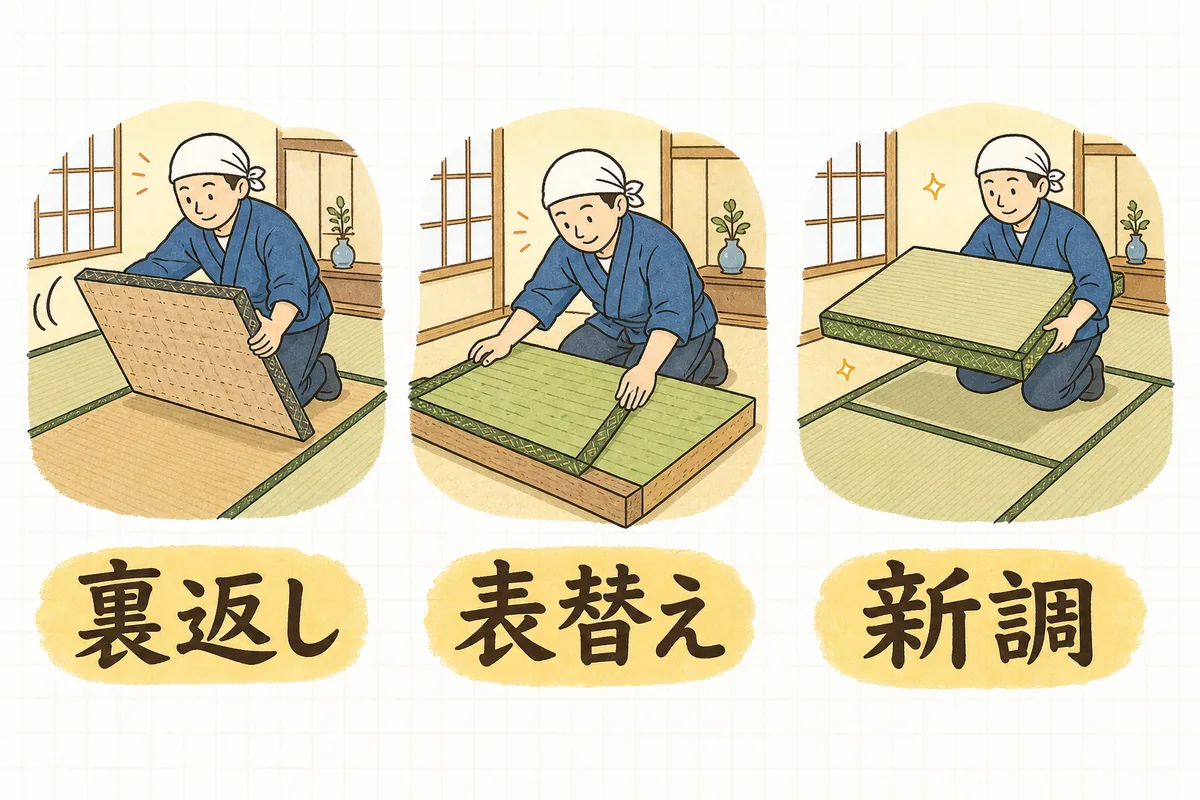 裏返し・表替え・新調という3つの畳の直し方を左から順に並べた図