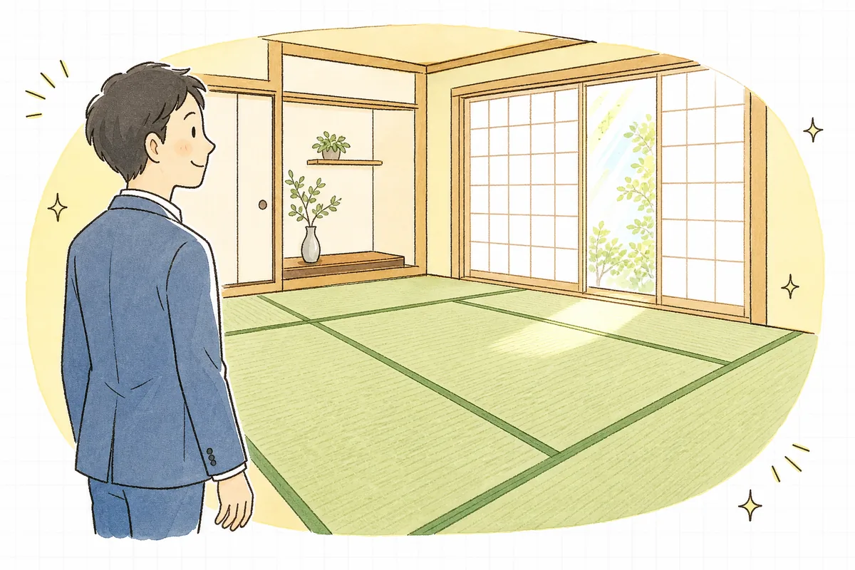 表替えの終わった青々とした和室を、満足そうに見渡している賃貸管理担当者
