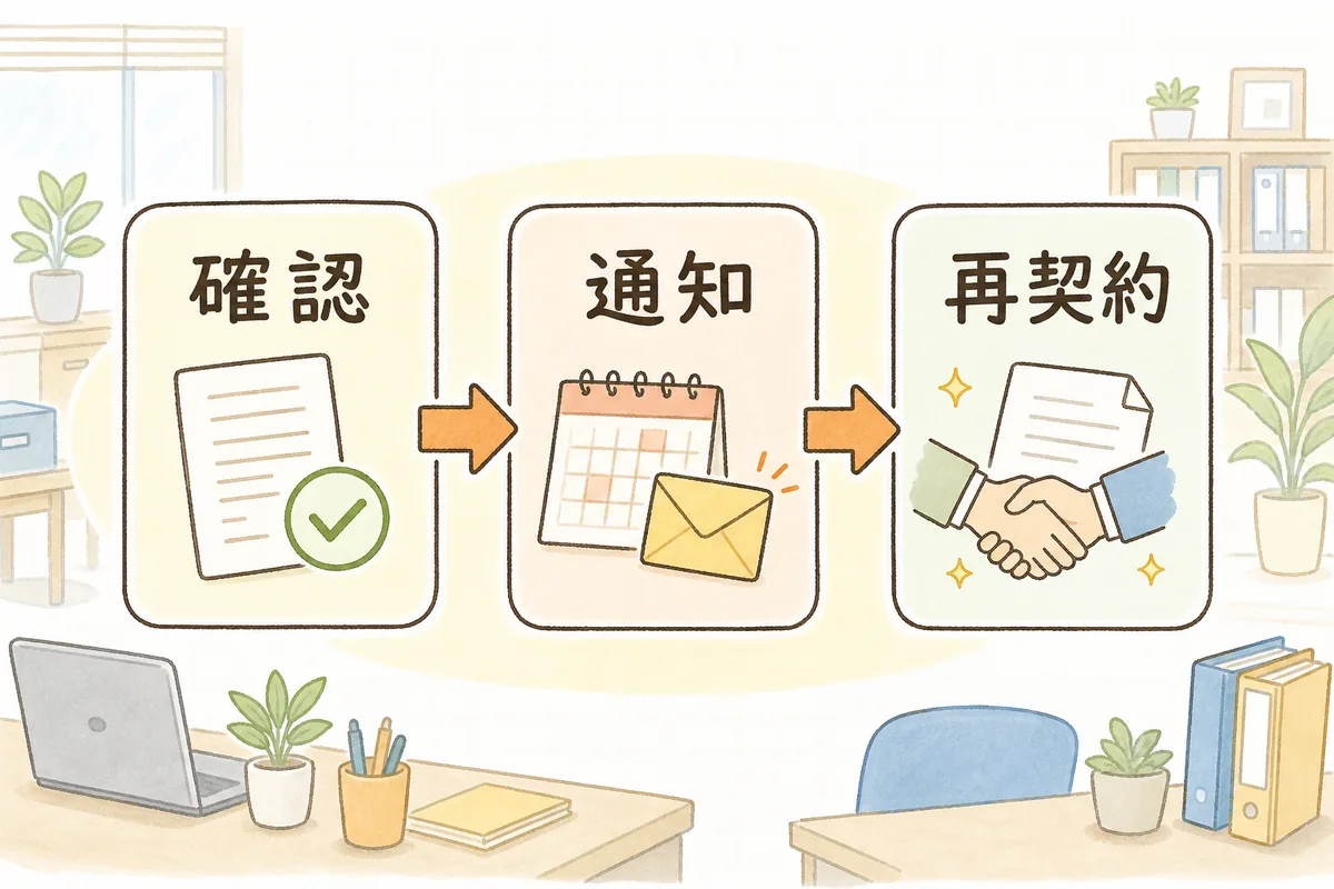 満了前の意向確認・終了通知・再契約の三段階を左から右へ並べた段取りの流れ図