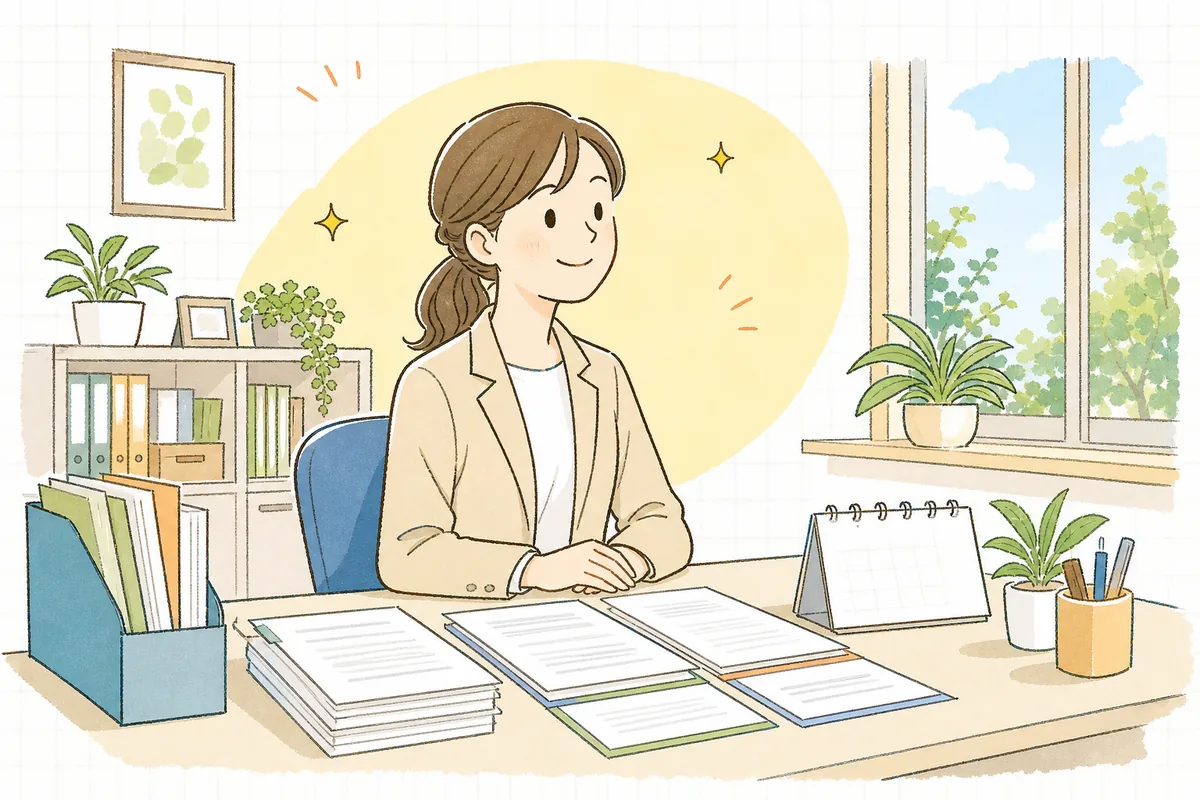 再契約の書類を整え終え、満了スケジュールを把握して落ち着いた表情を見せる賃貸管理担当者