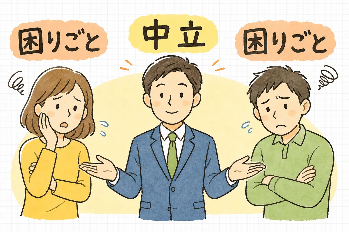 対立する二人の入居者の間に立ち、どちらにも偏らず双方の言い分を受け止める賃貸管理担当者の構図