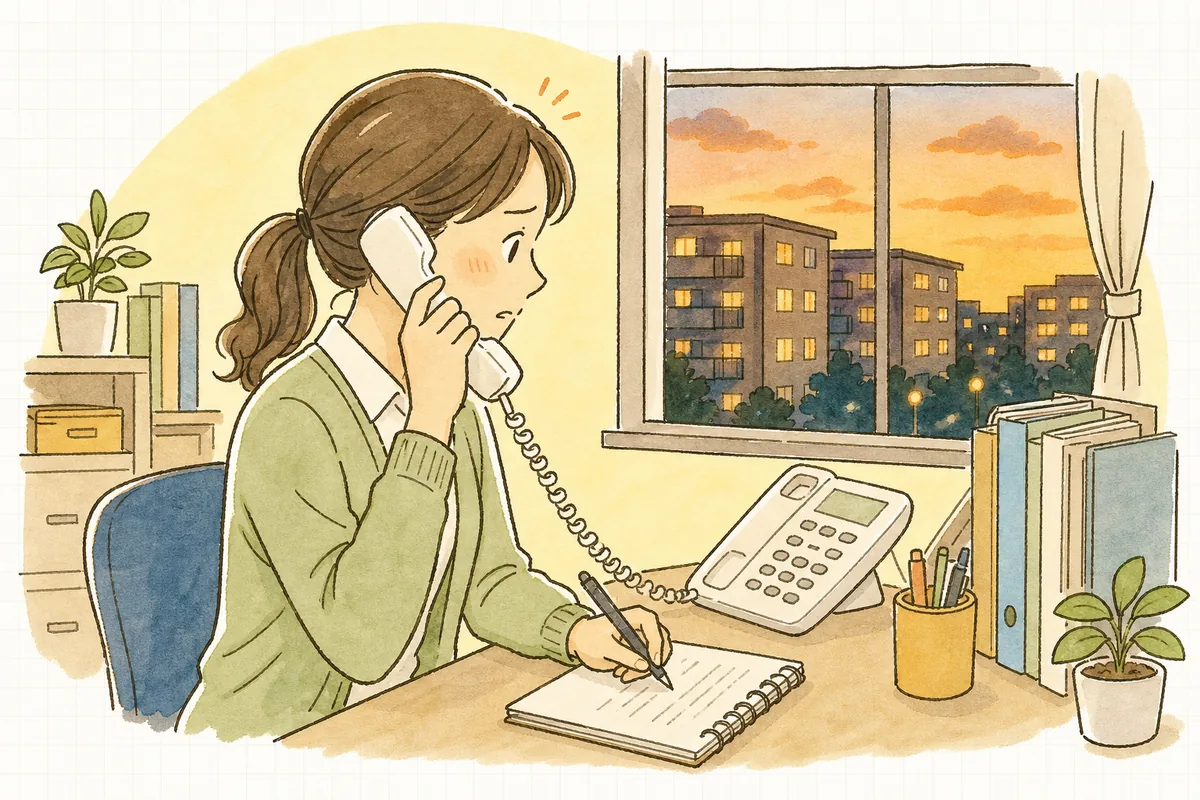 電話口で入居者の強い訴えを受け止めながら、落ち着いてメモを取る賃貸管理担当者