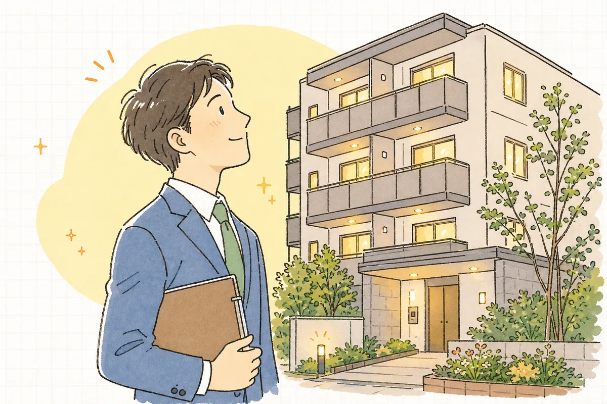 対応を終え、穏やかな表情で夕暮れの集合住宅を見上げる賃貸管理担当者