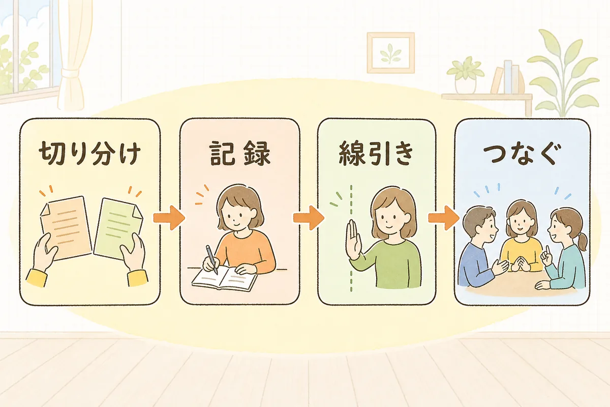 切り分け・記録・線引き・つなぐの四つの手順を左から順に並べた流れ図