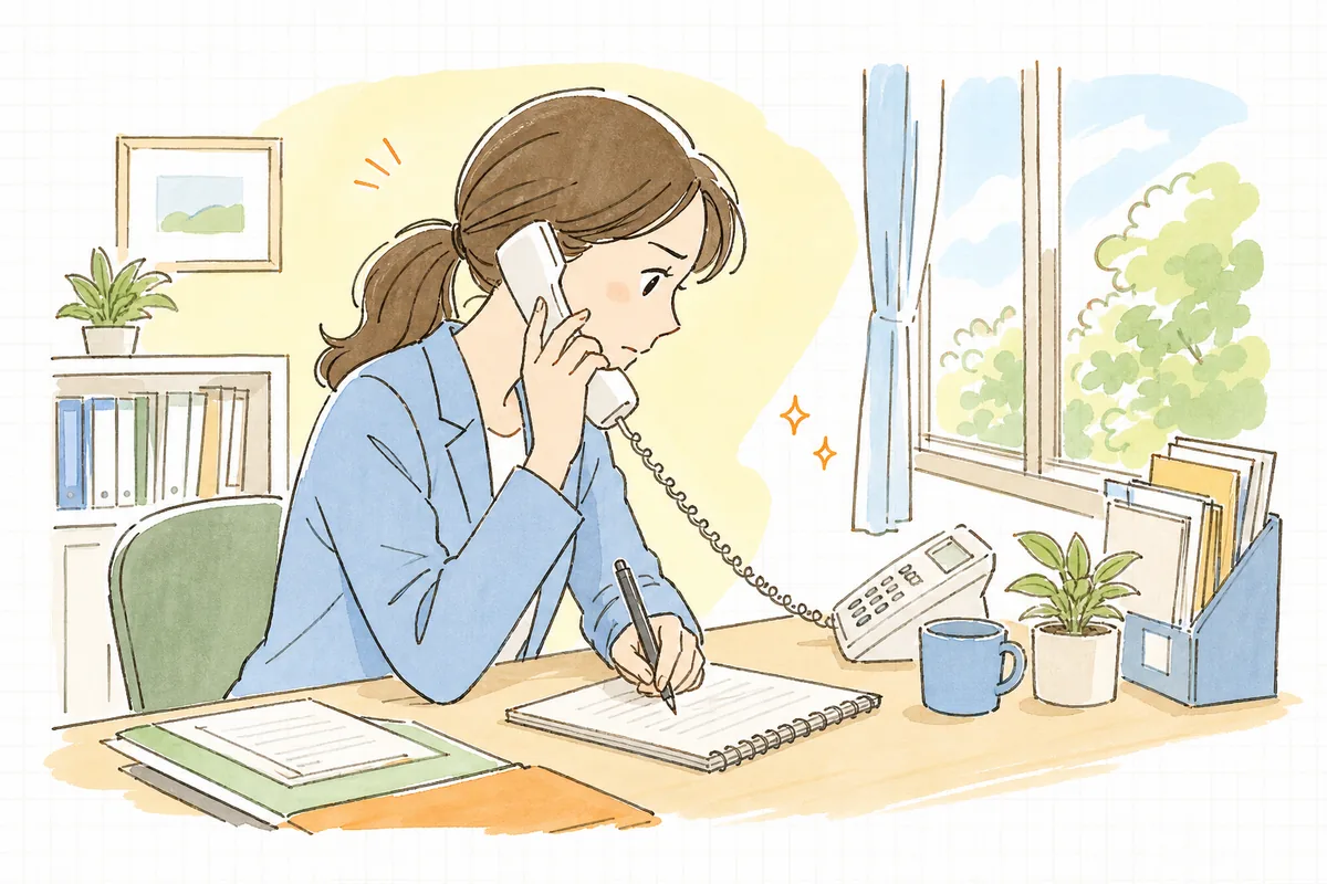 電話を受けながら落ち着いて対応メモを取る賃貸管理担当者