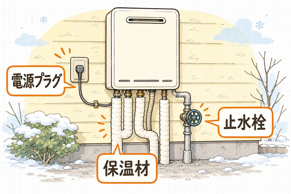 屋外の壁に設置された給湯器と、そこにつながる配管・電源プラグ・止水栓の位置を示した説明図