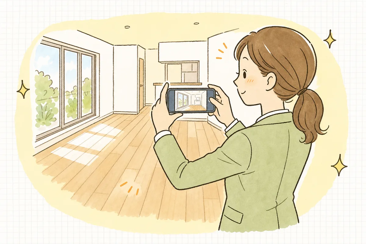きれいに片づいた空室でスマートフォンを構え、部屋の写真を撮ろうとしている賃貸管理担当者
