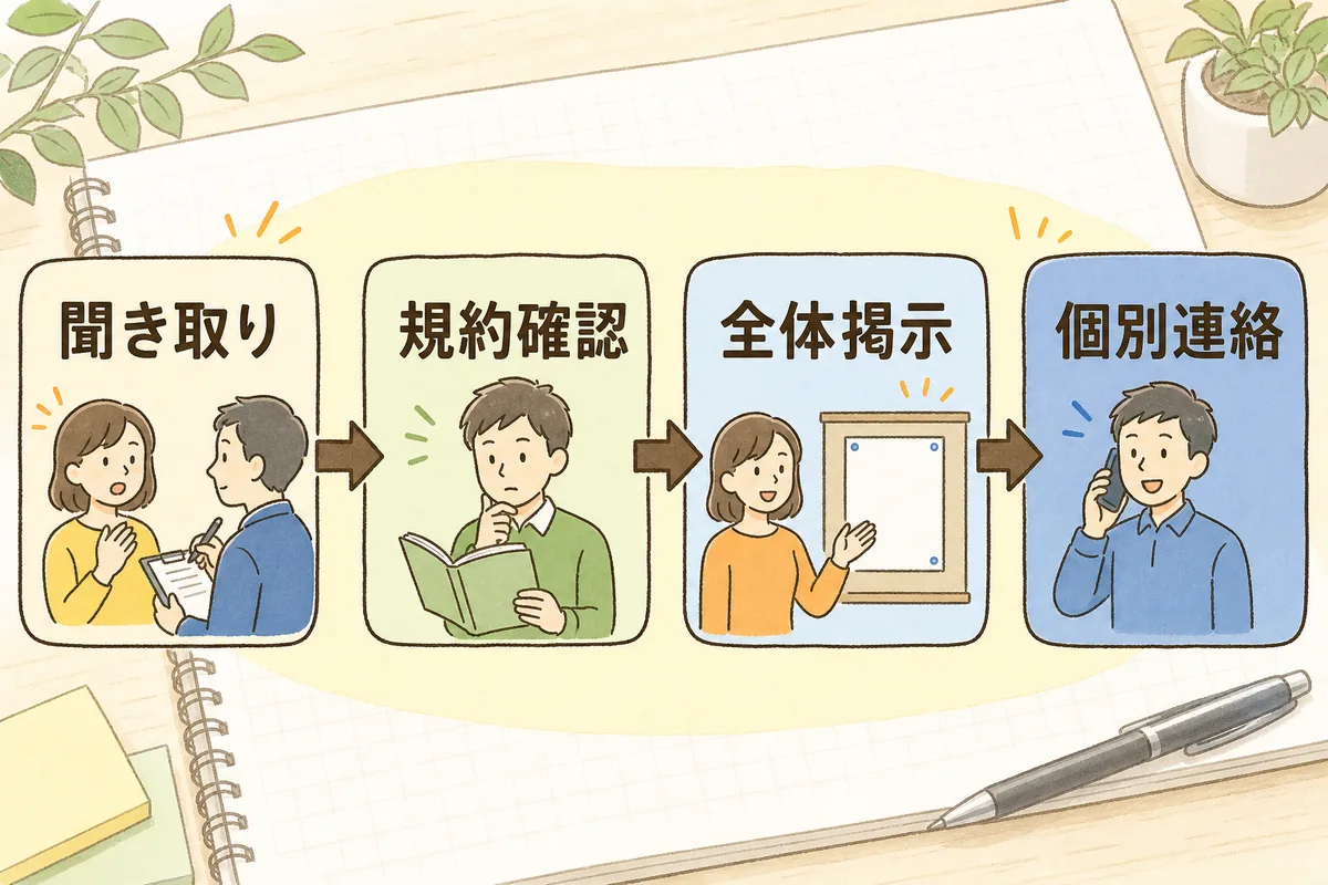 聞き取り・規約確認・全体掲示・個別連絡の四段階で喫煙苦情の対応を進める図