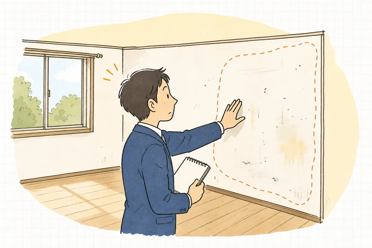 退去後の部屋で壁紙の汚れた範囲を見ながら張替えの負担をどう計算するか考える賃貸管理担当者