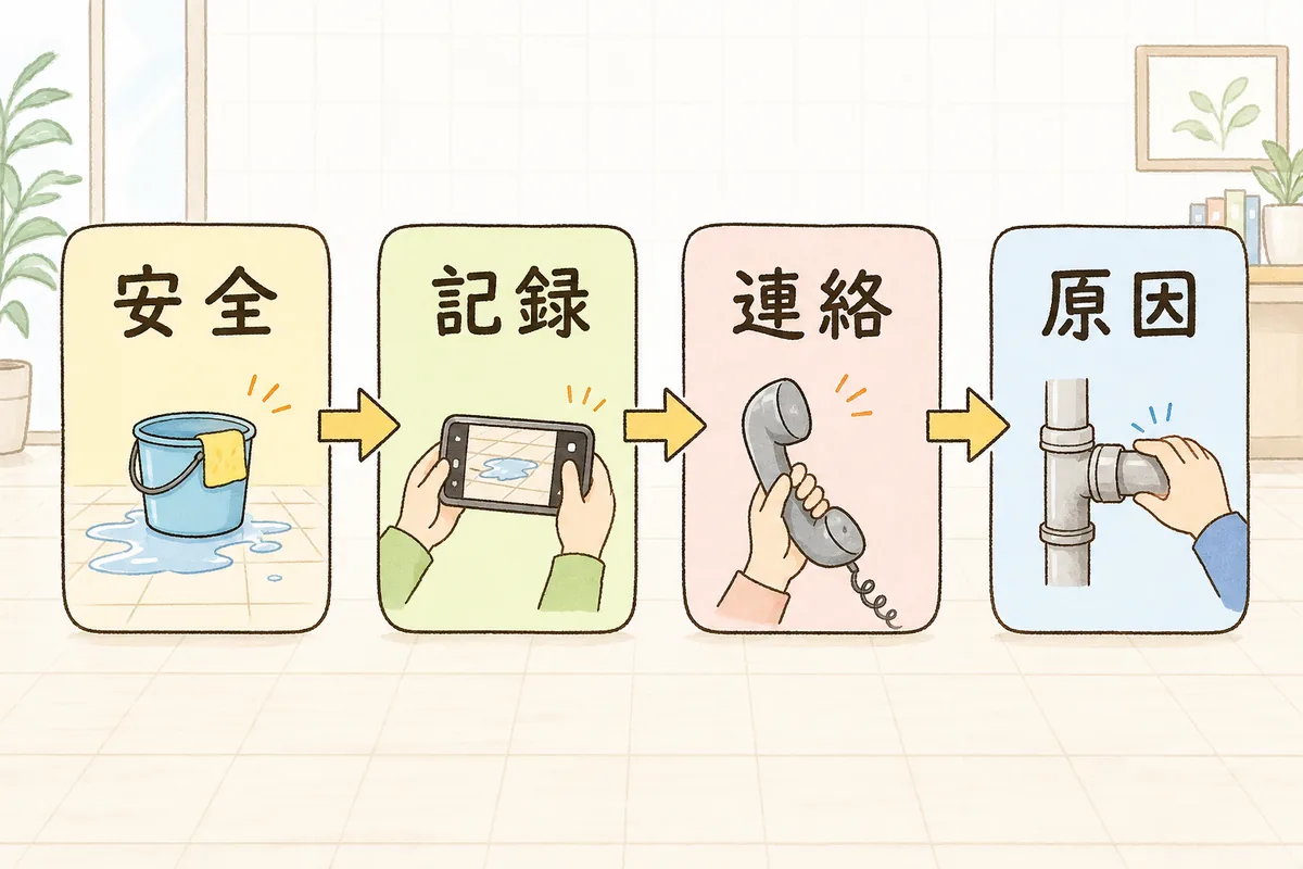水漏れ一次対応の四つの手順を左から順に並べた流れ図