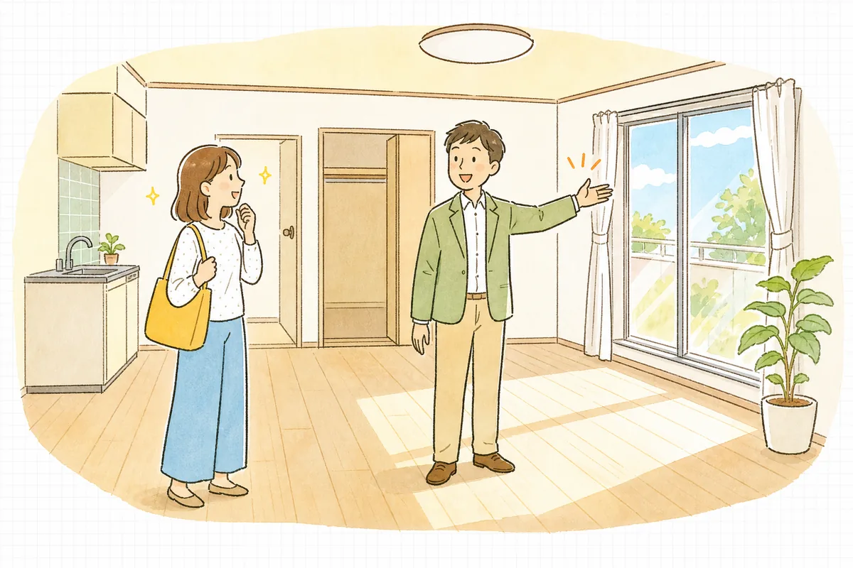 内見に来た入居希望者を部屋に案内し、明るい室内で穏やかに話している賃貸管理担当者