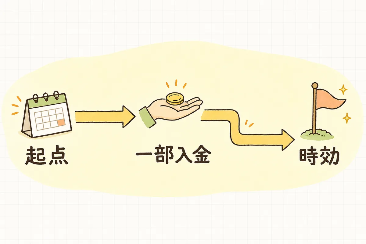 支払期日を起点に時効が進み、一部入金があるとリセットされて時効の完成が遠のくことを示した時間の流れ図