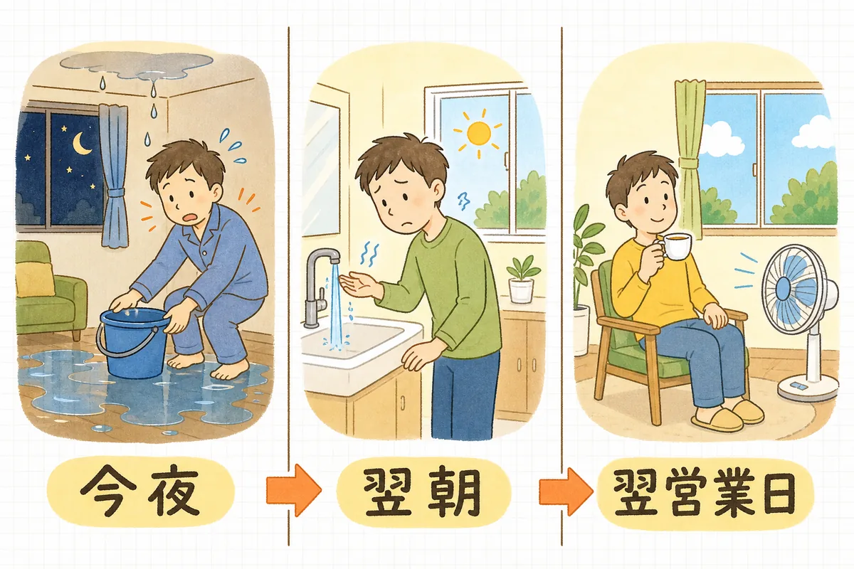 夜間の連絡を「今夜」「翌朝」「翌営業日」の三段階に分けて示した図
