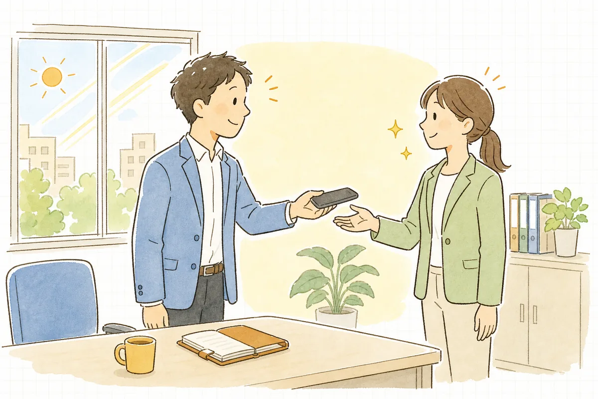 朝の事務所で、当番の携帯を同僚に手渡して交代する二人の賃貸管理担当者